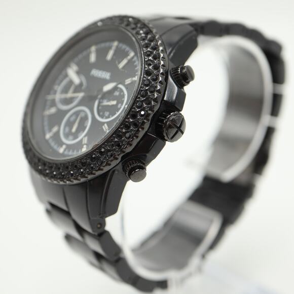 Fossil Black Acrylic 42mm Unisex Chronograph Watch Gem Set CH2672 w New Battery - Picture 11 of 14